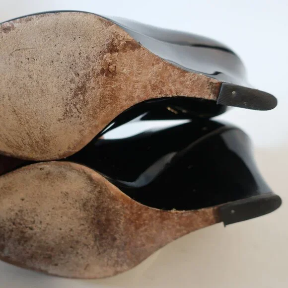 Women Jimmy Choo Baxen Black Patent Leather Peep Toe Wedge Pumps Heels 36 US/6